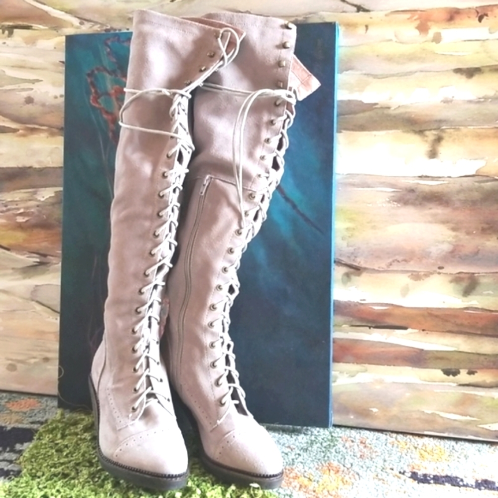 JEFFREY CAMPBELL FREE PEOPLE Over The Knee OTK JOE Grey Lace Up Heels Boots 8.5 - Picture 16 of 16